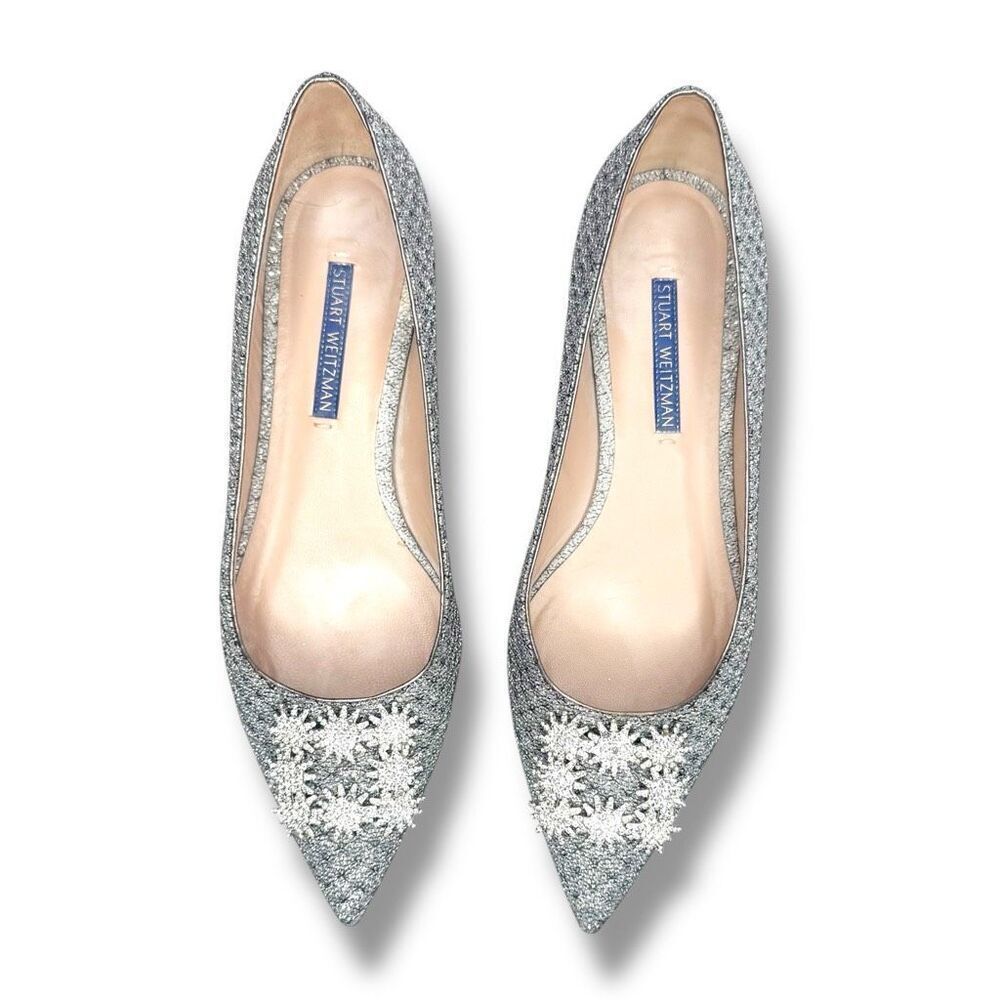 Stuart Weitzman Kelsey Night Stars Ballerina Flat In Silver Glitter Crystal 7.5